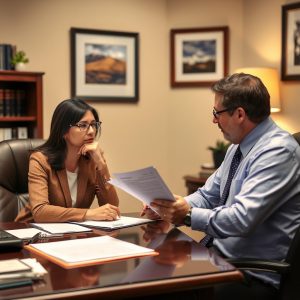 Two professionals in a meeting at a desk; the man presents a document to the woman who listens thoughtfully.