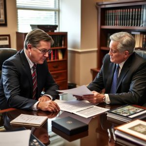Two suited men review documents at a polished conference table in a formal office.