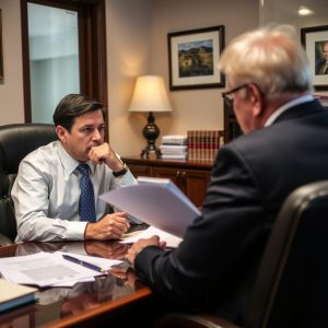 Two men in a formal office discuss documents at a polished wooden desk; one thinker with hand on chin listening to the other who holds papers.