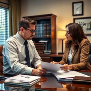 Two professionals sit at a glass desk reviewing papers in a well-appointed office.