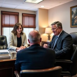 Three professionals sit around a polished conference table in a bright office; woman in a beige blazer speaks to two men in suits as they review papers.